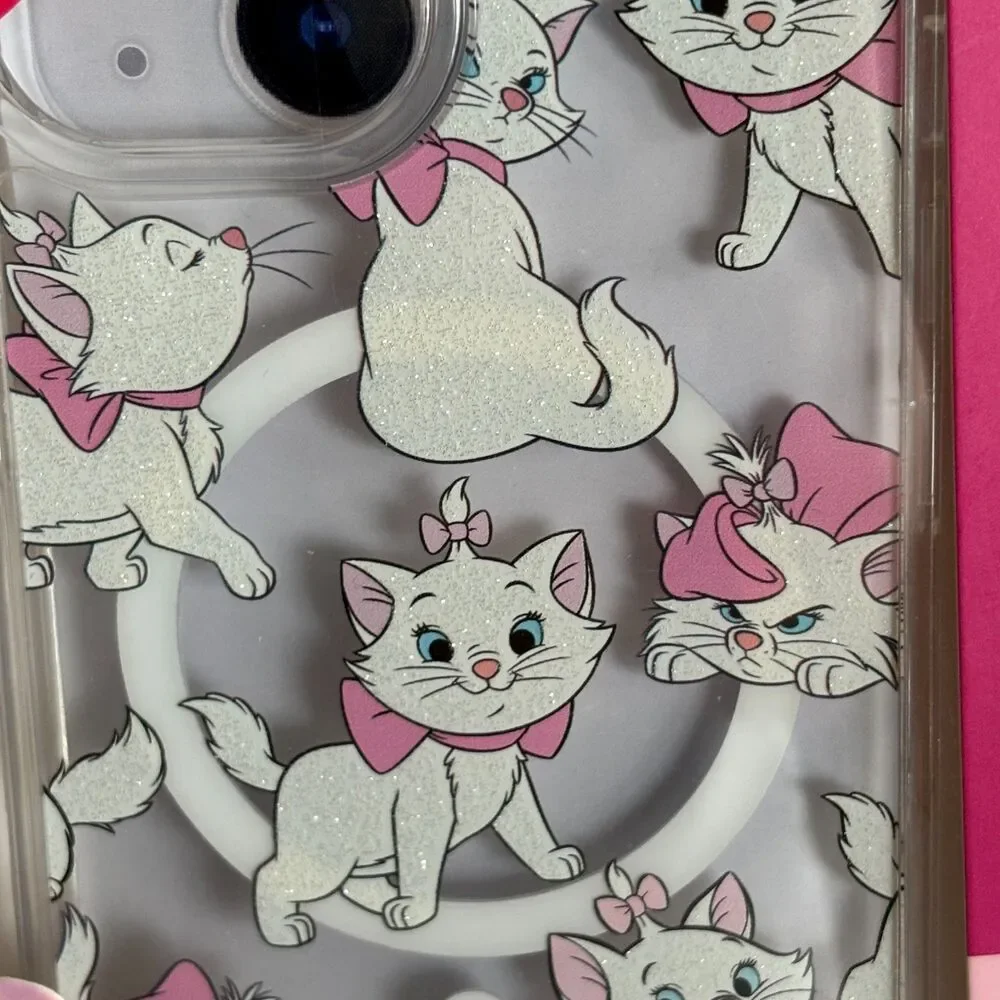 Disney Aristocats Marie Glitter Clear Phone Case iPhone 13 14 15 Wireless Charge